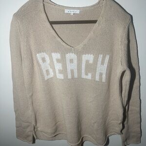 Beige V-Neck Sweater with 'Beach' Print